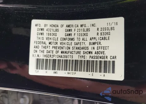 2017 Honda Accord Sport Se z USA, uszkodzony, nr VIN 1HGCR2F10HA098775